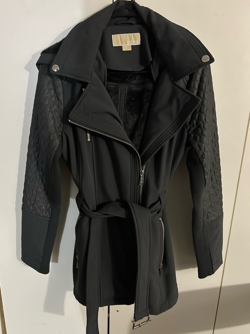 MICHAEL Michael Kors Black Quilted-Sleeve Trench Coat with Belt